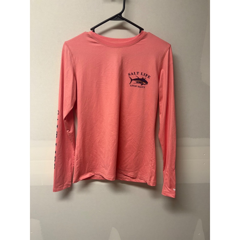 Salt Life SLX Livin Salty Performance Long Sleeve Shirt Pink Tuna Graphic Small